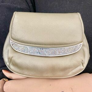 Judith Leiber Satin Taupe / Gray / Gold / Blue Clutch